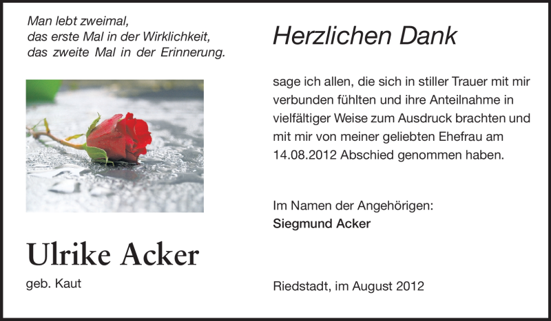  Traueranzeige für Ulrike Acker vom 18.08.2012 aus Rüsselsheimer Echo, Groß-Gerauer-Echo, Ried Echo