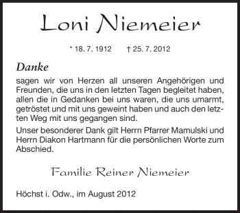 Traueranzeige von Loni Niemeier von Odenwälder Echo