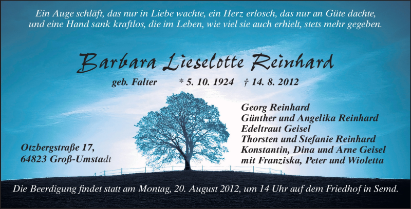  Traueranzeige für Barbara Lieselotte Reinhard vom 18.08.2012 aus Darmstädter Echo, Odenwälder Echo, Rüsselsheimer Echo, Groß-Gerauer-Echo, Ried Echo