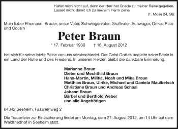 Traueranzeige von Peter Braun  von Echo-Zeitungen (Gesamtausgabe)