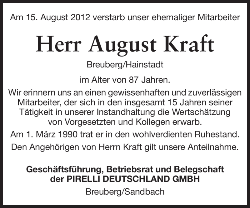  Traueranzeige für August Kraft vom 21.08.2012 aus Odenwälder Echo