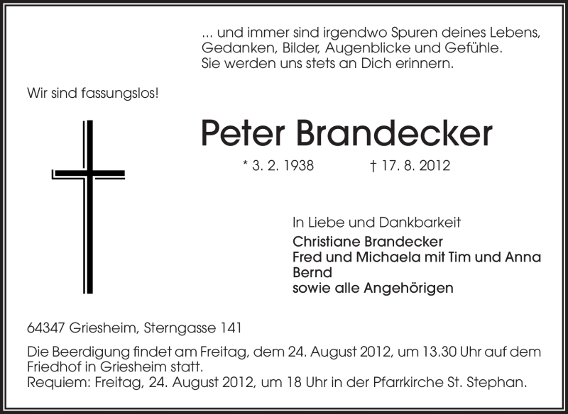  Traueranzeige für Peter Brandecker vom 21.08.2012 aus Echo-Zeitungen (Gesamtausgabe)