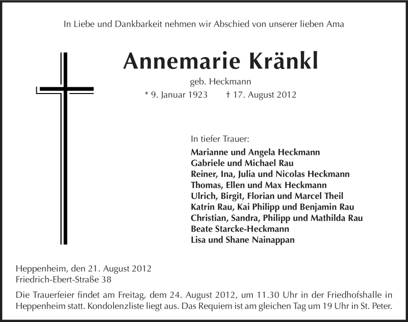  Traueranzeige für Annemarie Kränkl vom 21.08.2012 aus Starkenburger Echo