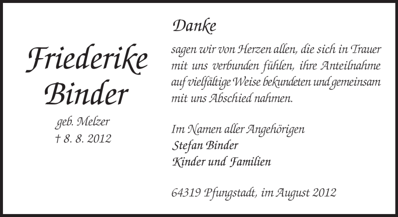 Traueranzeige für Friederike Binder vom 25.08.2012 aus Echo-Zeitungen (Gesamtausgabe)