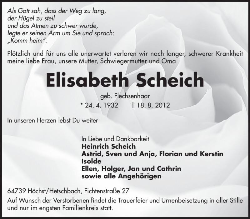  Traueranzeige für Elisabeth Scheich vom 21.08.2012 aus Odenwälder Echo