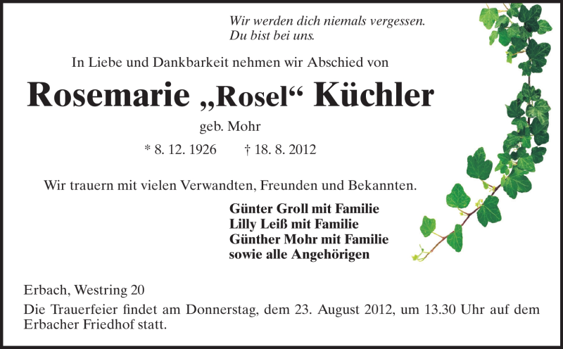  Traueranzeige für Rosemarie Küchler vom 21.08.2012 aus Odenwälder Echo