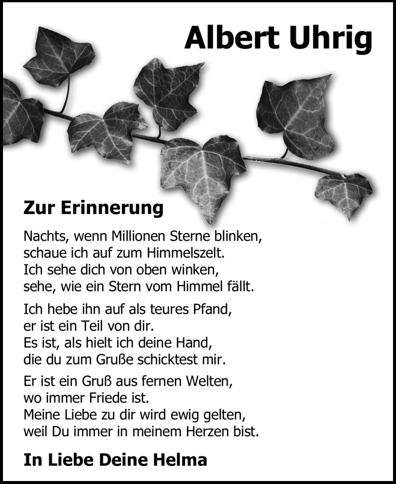  Traueranzeige für Albert Uhrig vom 21.08.2012 aus Odenwälder Echo