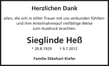 Traueranzeige von Sieglinde Heß von Starkenburger Echo