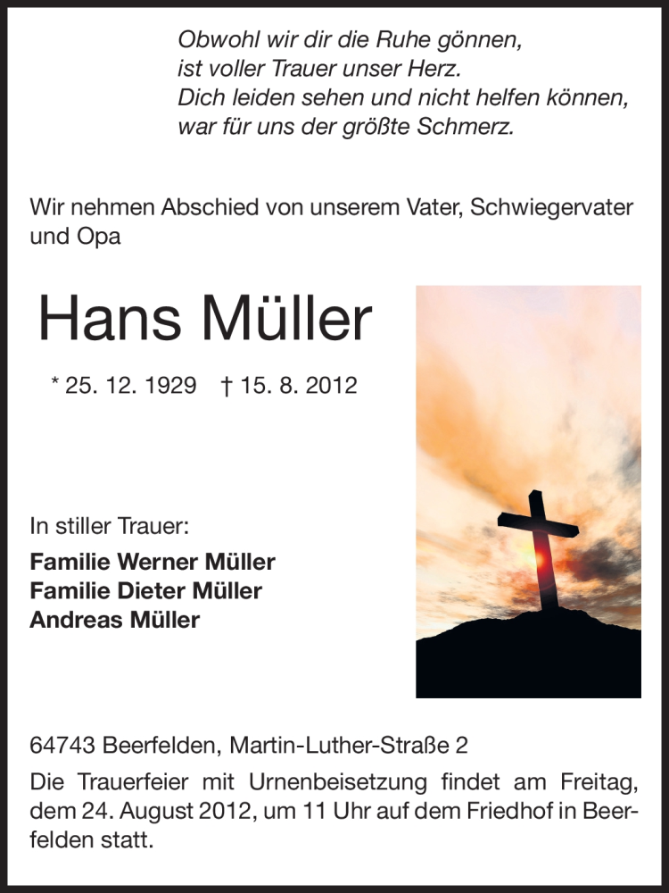  Traueranzeige für Hans Müller vom 22.08.2012 aus Odenwälder Echo