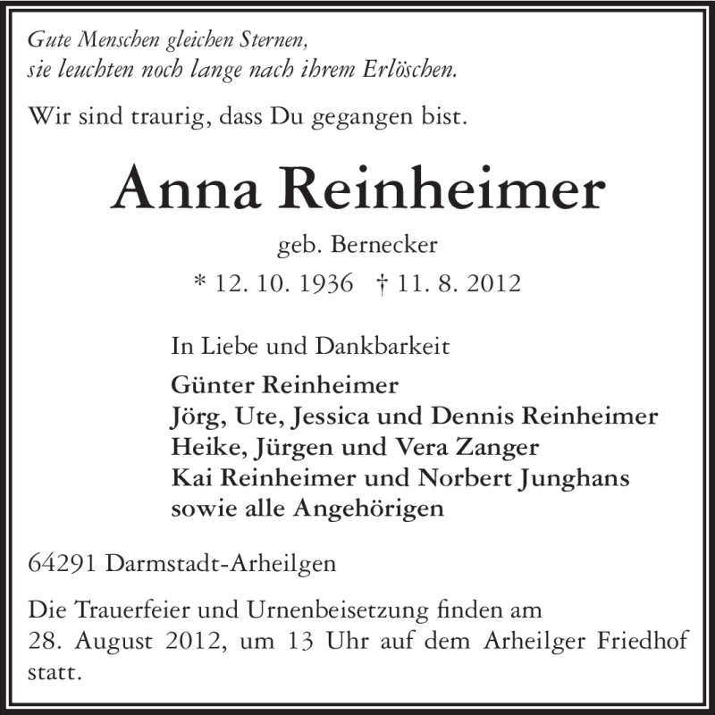  Traueranzeige für Anna Reinheimer vom 25.08.2012 aus Echo-Zeitungen (Gesamtausgabe)