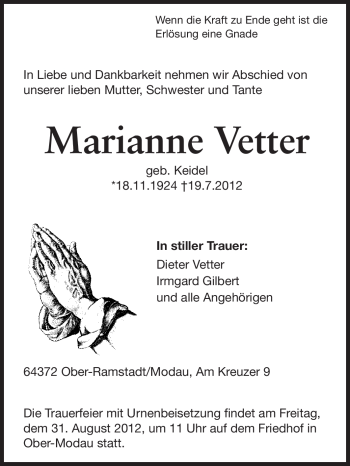 Traueranzeige von Marianne Vetter von Echo-Zeitungen (Gesamtausgabe)