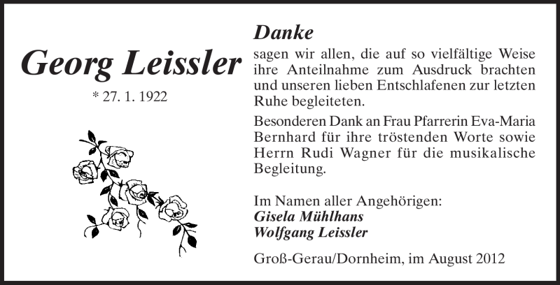  Traueranzeige für Georg Leissler vom 22.08.2012 aus Rüsselsheimer Echo, Groß-Gerauer-Echo, Ried Echo