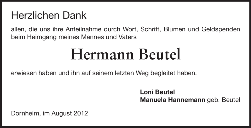  Traueranzeige für Hermann Beutel vom 22.08.2012 aus Rüsselsheimer Echo, Groß-Gerauer-Echo, Ried Echo