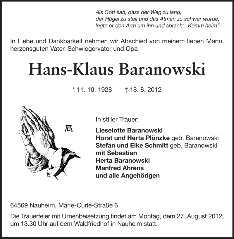  Traueranzeige für Hans-Klaus Baranowski vom 25.08.2012 aus Rüsselsheimer Echo, Groß-Gerauer-Echo, Ried Echo