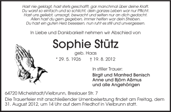 Traueranzeige von Sophie Stütz von Odenwälder Echo