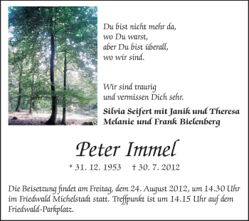 Traueranzeige von Peter Immel von Odenwälder Echo