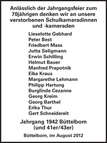 Traueranzeige von Jahrgang 1942 Büttelborn gedenken von Rüsselsheimer Echo, Groß-Gerauer-Echo, Ried Echo