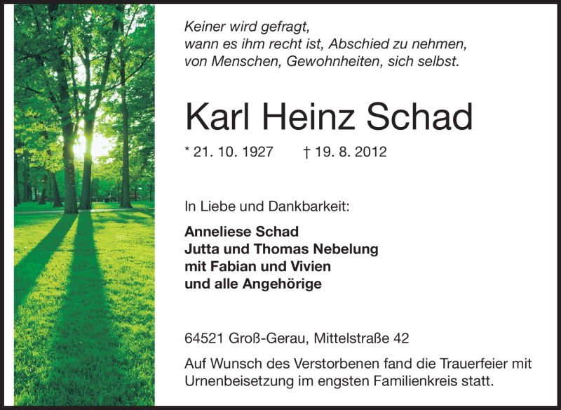  Traueranzeige für Karl Heinz Schad vom 29.08.2012 aus Rüsselsheimer Echo, Groß-Gerauer-Echo, Ried Echo