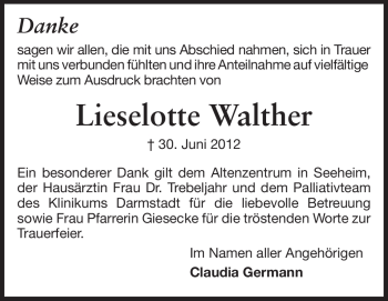 Traueranzeige von Lieselotte Walther von Echo-Zeitungen (Gesamtausgabe)