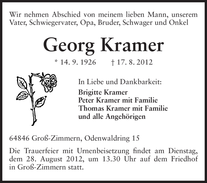  Traueranzeige für Georg Kramer vom 23.08.2012 aus Echo-Zeitungen (Gesamtausgabe)