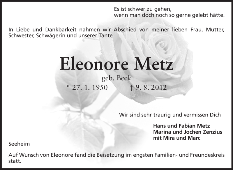  Traueranzeige für Eleonore Metz vom 25.08.2012 aus Echo-Zeitungen (Gesamtausgabe)