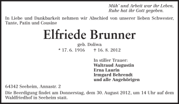 Traueranzeige von Elfriede Brunner von Echo-Zeitungen (Gesamtausgabe)