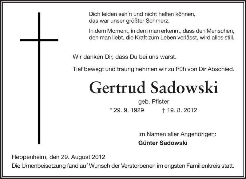  Traueranzeige für Gertrud Sadowski vom 29.08.2012 aus Starkenburger Echo