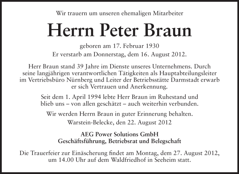  Traueranzeige für Peter Braun  vom 23.08.2012 aus Echo-Zeitungen (Gesamtausgabe)
