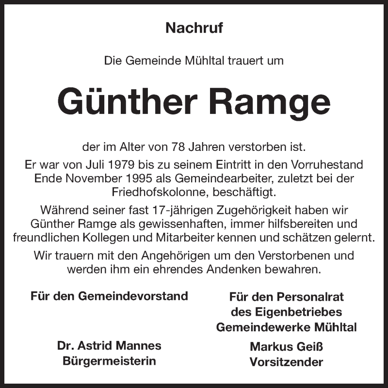  Traueranzeige für Günther Ramge vom 14.03.2015 aus Echo-Zeitungen (Gesamtausgabe)