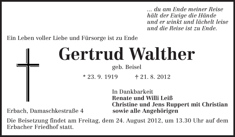  Traueranzeige für Gertrud Walther vom 23.08.2012 aus Odenwälder Echo