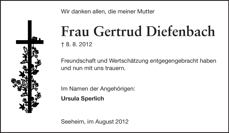  Traueranzeige für Gertrud Diefenbach vom 25.08.2012 aus Echo-Zeitungen (Gesamtausgabe)