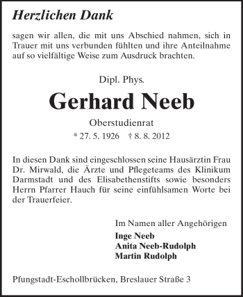 Traueranzeige von Gerhard Neeb von Darmstädter Echo, Odenwälder Echo, Rüsselsheimer Echo, Groß-Gerauer-Echo, Ried Echo