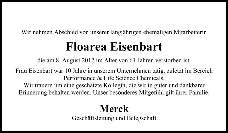  Traueranzeige für Floarea Eisenbart vom 24.08.2012 aus Echo-Zeitungen (Gesamtausgabe)