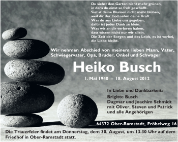 Traueranzeige von Heiko Busch von Darmstädter Echo, Odenwälder Echo, Rüsselsheimer Echo, Groß-Gerauer-Echo, Ried Echo
