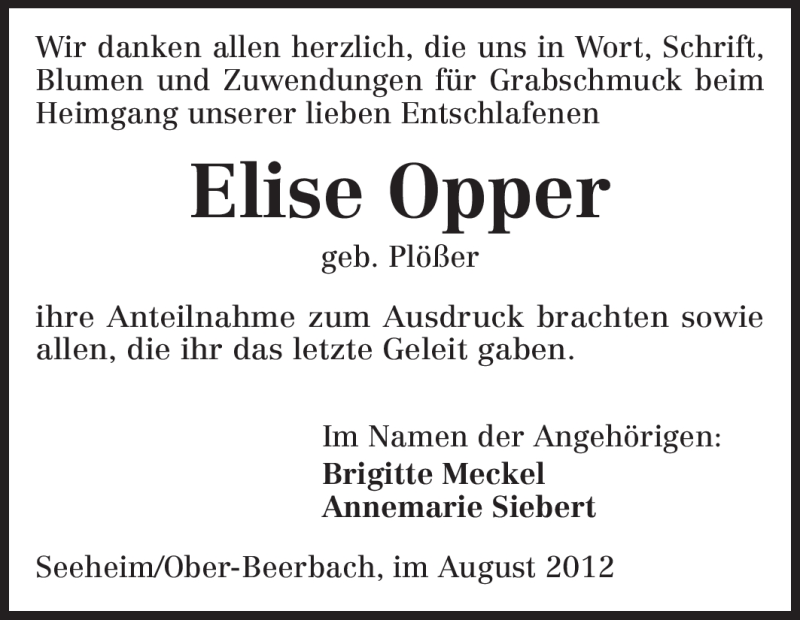  Traueranzeige für Elise Opper vom 25.08.2012 aus Echo-Zeitungen (Gesamtausgabe)