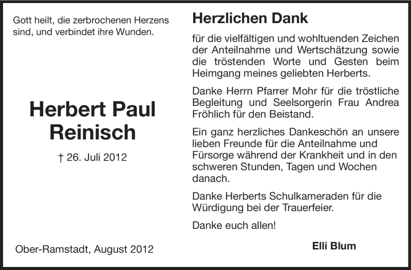  Traueranzeige für Herbert Paul Reinisch vom 25.08.2012 aus Echo-Zeitungen (Gesamtausgabe)
