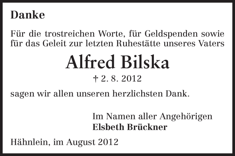  Traueranzeige für Alfred Bilska vom 25.08.2012 aus Echo-Zeitungen (Gesamtausgabe)