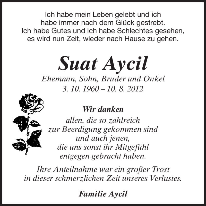  Traueranzeige für Suat Aycil vom 25.08.2012 aus Echo-Zeitungen (Gesamtausgabe)