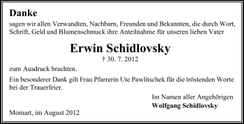 Traueranzeige von Erwin Schidlovsky von Odenwälder Echo
