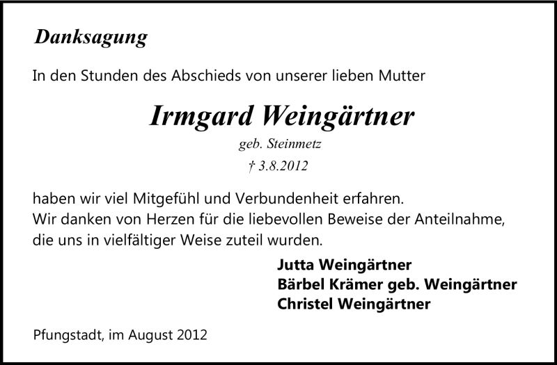  Traueranzeige für Irmgard Weingärtner vom 25.08.2012 aus Echo-Zeitungen (Gesamtausgabe)