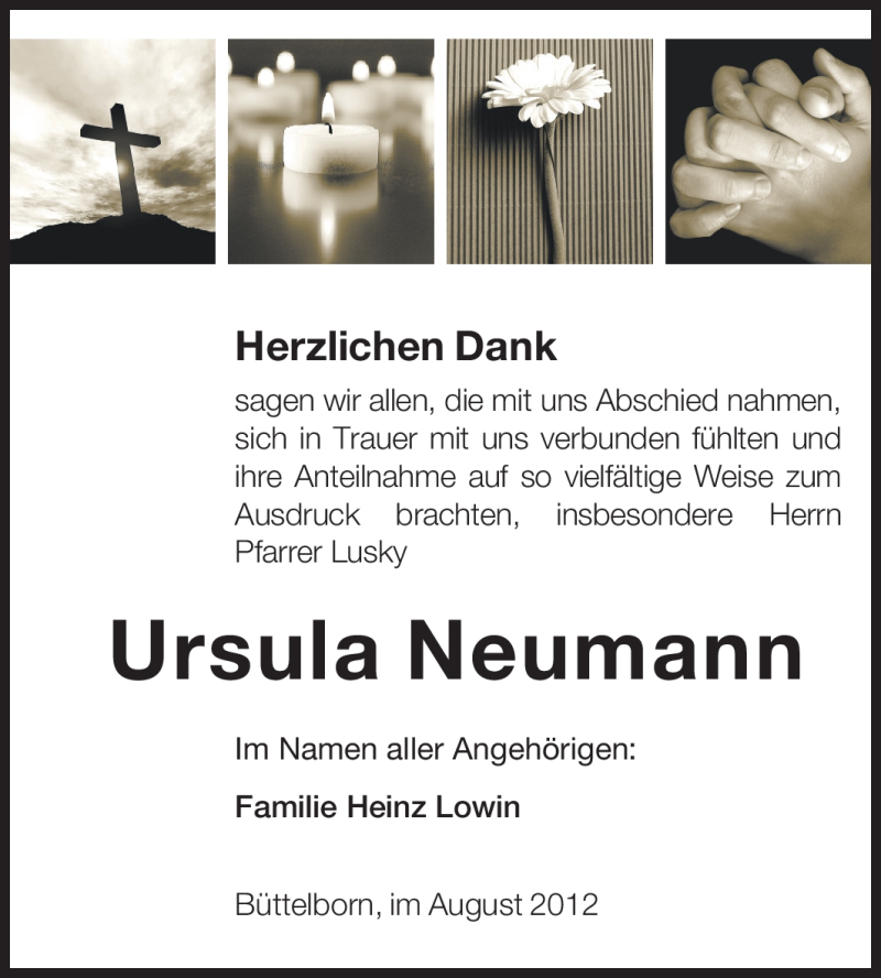  Traueranzeige für Ursula Neumann vom 25.08.2012 aus Rüsselsheimer Echo, Groß-Gerauer-Echo, Ried Echo