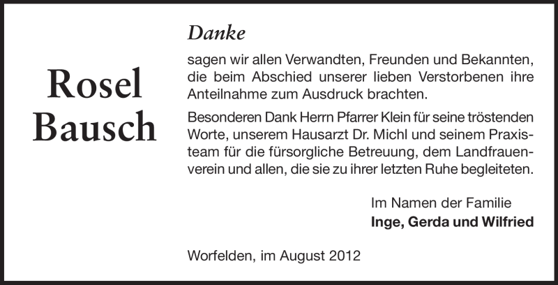  Traueranzeige für Rosel Bausch vom 25.08.2012 aus Rüsselsheimer Echo, Groß-Gerauer-Echo, Ried Echo