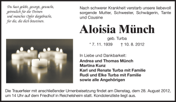Traueranzeige von Aloisia Münch von Odenwälder Echo