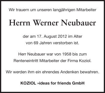 Traueranzeige von Werner Neubauer von Odenwälder Echo