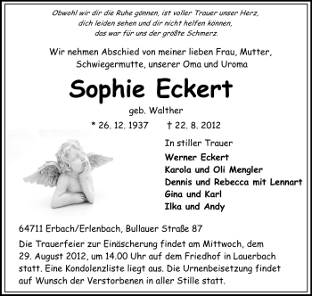Traueranzeige von Sophie Eckert von Odenwälder Echo