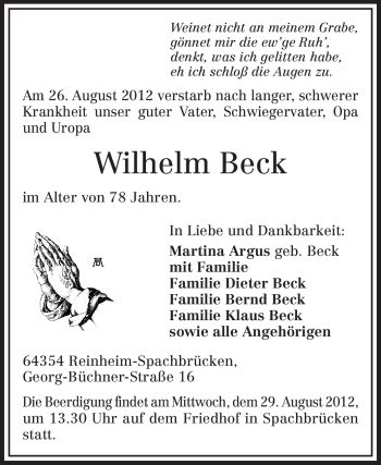Traueranzeige von Wilhelm Beck von Darmstädter Echo, Odenwälder Echo, Rüsselsheimer Echo, Groß-Gerauer-Echo, Ried Echo