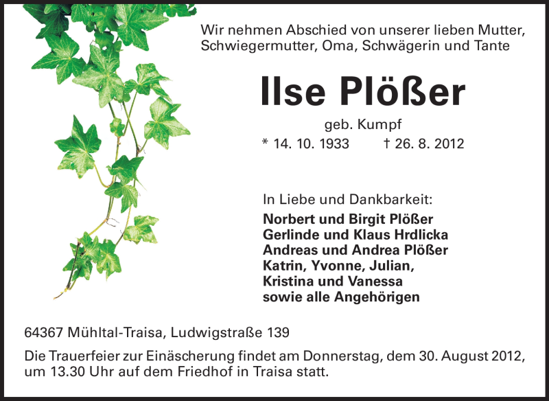  Traueranzeige für Ilse Plößer vom 28.08.2012 aus Echo-Zeitungen (Gesamtausgabe)