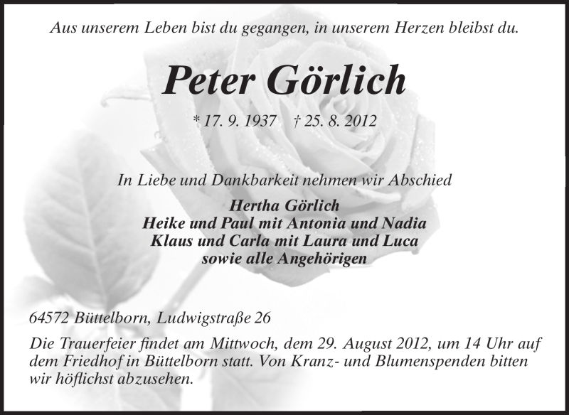  Traueranzeige für Peter Görlich vom 28.08.2012 aus Echo-Zeitungen (Gesamtausgabe)