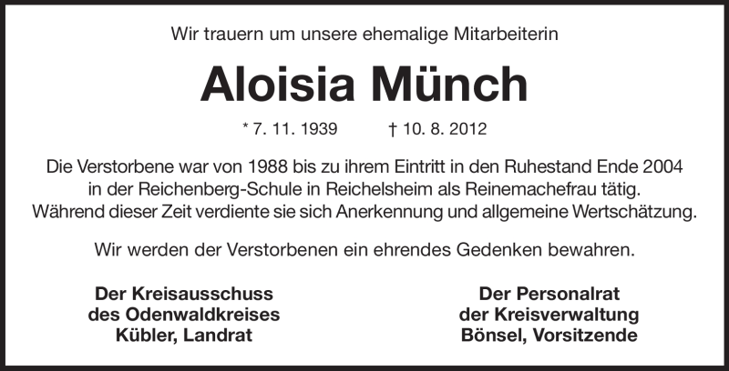  Traueranzeige für Aloisia Münch vom 28.08.2012 aus Odenwälder Echo