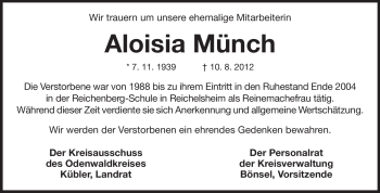 Traueranzeige von Aloisia Münch von Odenwälder Echo